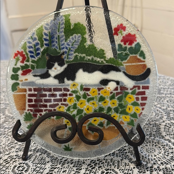 Peggy Karr Other - Peggy Karr Fused Art Glass Decor Plate Tuxedo Cat Garden Wall Flowers SIGNED